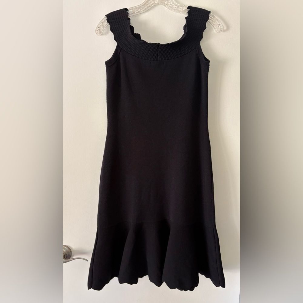 Eliza J Black Rib Sweater Dress L Off Shoulder Scallop Trumpet Knee Midi Knit - Picture 10 of 10